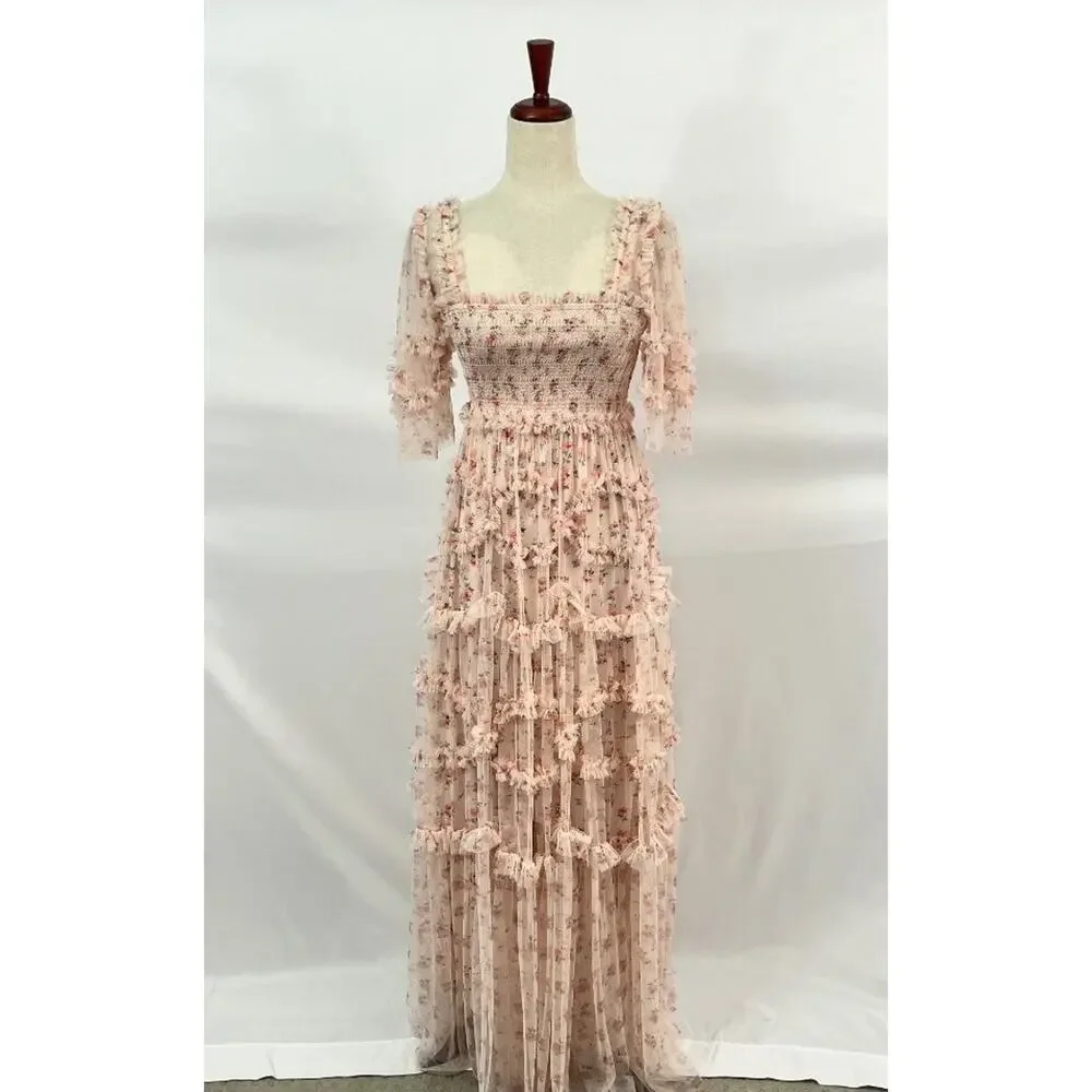 NEEDLE & THREAD Sz 2 Bijou Rose Smocked Maxi Dress Gown - Picture 9 of 13